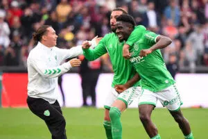 20 Maxence RIVERA (asse) - 05 Florian TARDIEU (asse) - 10 Nathanael MBUKU (asse) during the Ligue 1 Uber Eats Playoffs second leg match between Metz and Saint-Etienne at Stade Saint-Symphorien on June 2, 2024 in Metz, France.(Photo by Anthony Bibard/FEP/Icon Sport) - Photo by Icon Sport