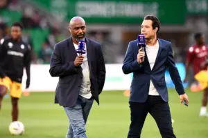Robert MALM - Clement GREZES (Journaliste Bein Sports) during the Ligue 1 Uber Eats Playoffs first leg match between Saint-Etienne and Metz at Stade Geoffroy-Guichard on May 30, 2024 in Saint-Etienne, France.(Photo by Philippe Lecoeur/FEP/Icon Sport) - Photo by Icon Sport - Streaming