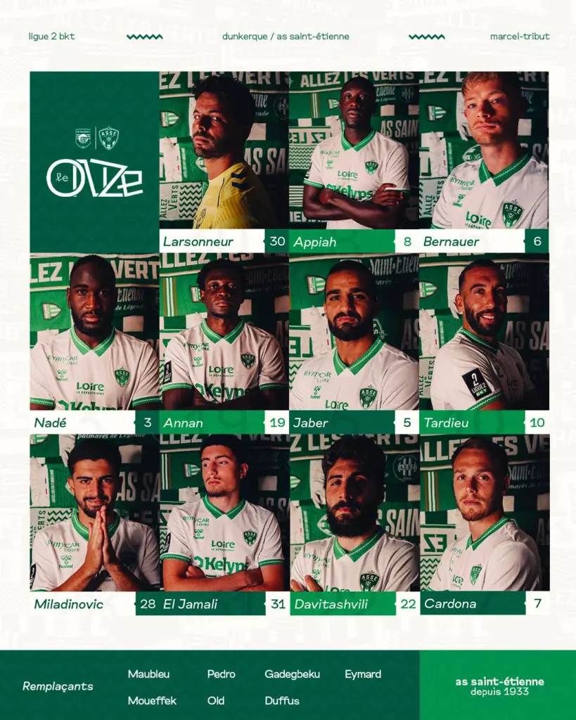 🚨 ASSE : La Compo des Verts face à Dunkerque avec un forfait