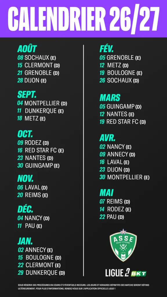 Ligue 2 : L'ASSE connait son calendrier pour la saison 2026-2027