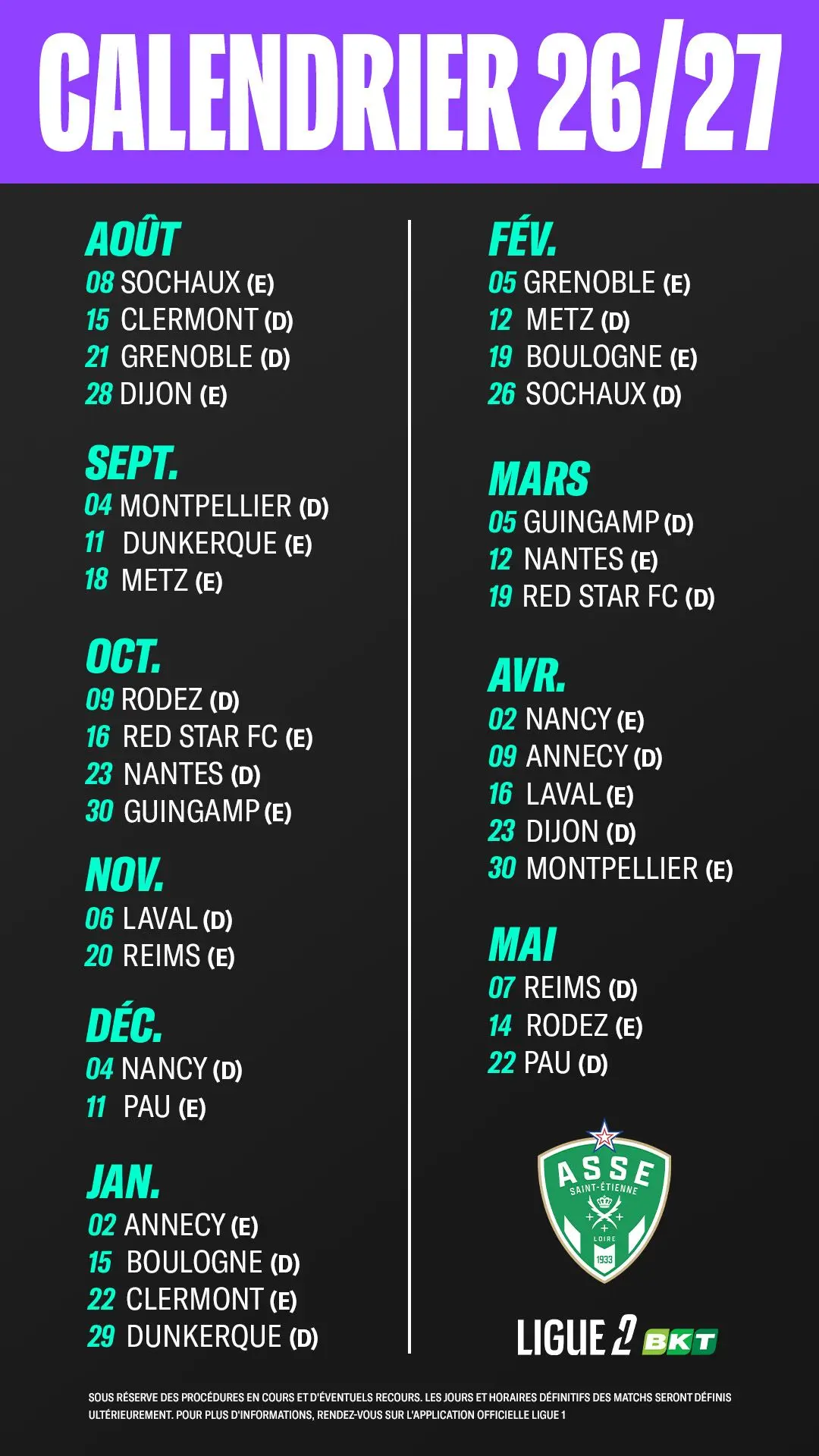 Calendrier ASSE 26-27