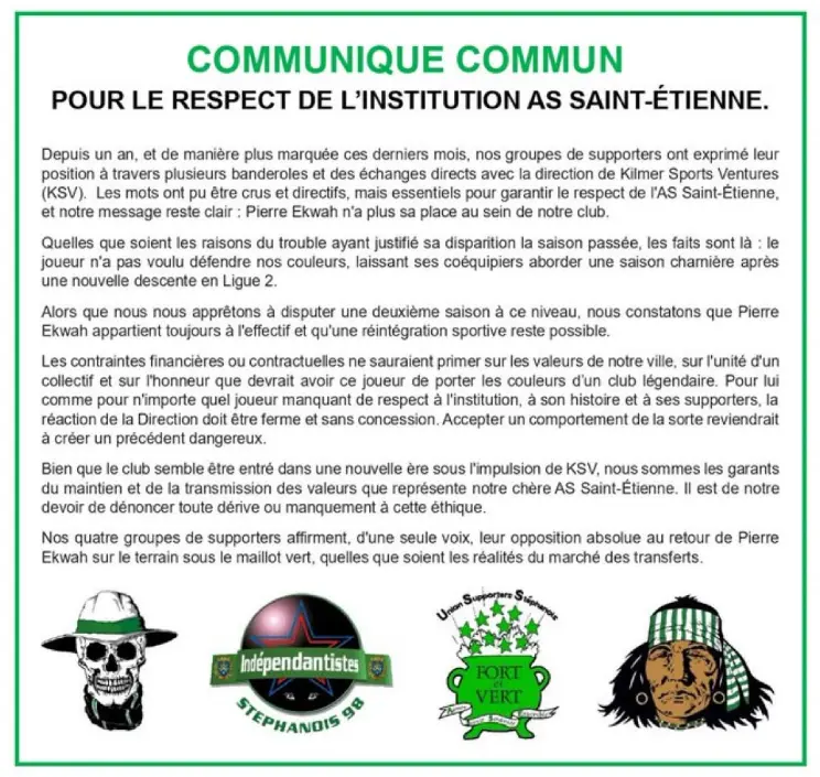ASSE : communiqué fort des supporters sur Pierre Ekwah